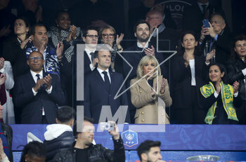 2023-04-29 - President of French Football Federation FFF Philippe Diallo, President of France Emmanuel Macron, Brigitte Macron attend the French Cup Final 2023 football match between FC Nantes and Toulouse FC (TFC, Tefece) on April 29, 2023 at Stade de France in Saint-Denis near Paris, France - FOOTBALL - FRENCH CUP - FINAL - NANTES V TOULOUSE - FRENCH CUP - SOCCER