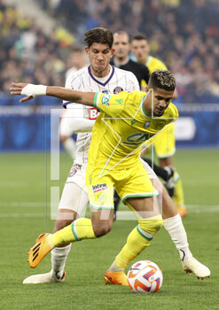 2023-04-29 - Ludovic Blas of Nantes, Stijn Spierings of Toulouse during the French Cup Final 2023 football match between FC Nantes and Toulouse FC (TFC, Tefece) on April 29, 2023 at Stade de France in Saint-Denis near Paris, France - FOOTBALL - FRENCH CUP - FINAL - NANTES V TOULOUSE - FRENCH CUP - SOCCER