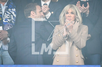 2023-04-29 - French President Emmanuel MACRON and French first lady Brigitte MACRON during the French Cup, Final football match between FC Nantes and Toulouse FC on April 29, 2023 at Stade de France in Saint-Denis near Paris, France - FOOTBALL - FRENCH CUP - FINAL - NANTES V TOULOUSE - FRENCH CUP - SOCCER