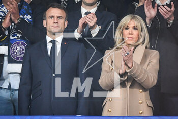 2023-04-29 - French President Emmanuel MACRON and French first lady Brigitte MACRON during the French Cup, Final football match between FC Nantes and Toulouse FC on April 29, 2023 at Stade de France in Saint-Denis near Paris, France - FOOTBALL - FRENCH CUP - FINAL - NANTES V TOULOUSE - FRENCH CUP - SOCCER