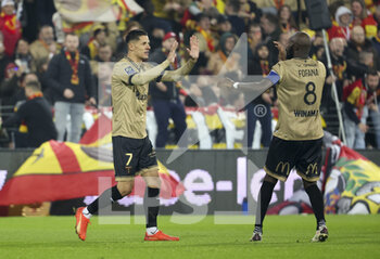 2023-01-01 - Florian Sotoca and Seko Fofana of Lens celebrate a goal during the French championship Ligue 1 football match between RC Lens and Paris Saint-Germain on January 1, 2023 at Bollaert-Delelis stadium in Lens, France - FOOTBALL - FRENCH CHAMP - LENS V PARIS SG - FRENCH LIGUE 1 - SOCCER