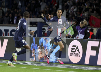 2023-01-11 - Hugo Ekitike of PSG celebrates his goal during the French championship Ligue 1 football match between Paris Saint-Germain (PSG) and SCO Angers on January 11, 2023 at Parc des Princes stadium in Paris, France - FOOTBALL - FRENCH CHAMP - PARIS SG V ANGERS - FRENCH LIGUE 1 - SOCCER