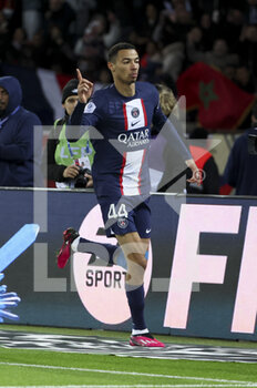 2023-01-11 - Hugo Ekitike of PSG celebrates his goal during the French championship Ligue 1 football match between Paris Saint-Germain (PSG) and SCO Angers on January 11, 2023 at Parc des Princes stadium in Paris, France - FOOTBALL - FRENCH CHAMP - PARIS SG V ANGERS - FRENCH LIGUE 1 - SOCCER