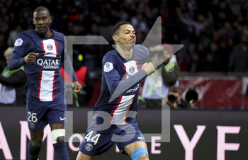 2023-01-11 - Hugo Ekitike of PSG celebrates his goal with Nordi Mukiele (left) during the French championship Ligue 1 football match between Paris Saint-Germain (PSG) and SCO Angers on January 11, 2023 at Parc des Princes stadium in Paris, France - FOOTBALL - FRENCH CHAMP - PARIS SG V ANGERS - FRENCH LIGUE 1 - SOCCER