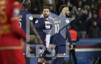 2023-01-11 - Lionel Messi of PSG celebrates his goal with Neymar Jr during the French championship Ligue 1 football match between Paris Saint-Germain (PSG) and SCO Angers on January 11, 2023 at Parc des Princes stadium in Paris, France - FOOTBALL - FRENCH CHAMP - PARIS SG V ANGERS - FRENCH LIGUE 1 - SOCCER