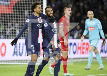 2023-01-11 - Marquinhos, Neymar Jr of PSG during the French championship Ligue 1 football match between Paris Saint-Germain (PSG) and SCO Angers on January 11, 2023 at Parc des Princes stadium in Paris, France - FOOTBALL - FRENCH CHAMP - PARIS SG V ANGERS - FRENCH LIGUE 1 - SOCCER