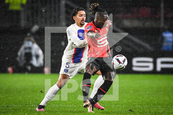 2023-01-15 - MARQUINHOS of PSG and Jeremy DOKU of Rennes during the French championship Ligue 1 football match between Stade Rennais and Paris Saint-Germain on January 15, 2023 at Roazhon Park in Rennes, France - FOOTBALL - FRENCH CHAMP - RENNES V PARIS SG - FRENCH LIGUE 1 - SOCCER