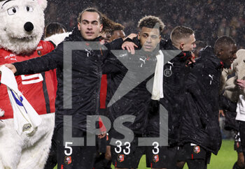 2023-01-15 - Arthur Theate, Desire Doue of Rennes and teammates celebrate the victory following the French championship Ligue 1 football match between Stade Rennais and Paris Saint-Germain on January 15, 2023 at Roazhon Park in Rennes, France - FOOTBALL - FRENCH CHAMP - RENNES V PARIS SG - FRENCH LIGUE 1 - SOCCER