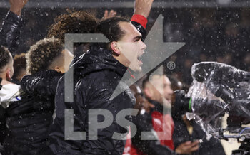 2023-01-15 - Arthur Theate of Rennes celebrates the victory following the French championship Ligue 1 football match between Stade Rennais and Paris Saint-Germain on January 15, 2023 at Roazhon Park in Rennes, France - FOOTBALL - FRENCH CHAMP - RENNES V PARIS SG - FRENCH LIGUE 1 - SOCCER