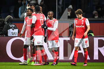2023-01-29 - Folarin BALOGUN of Reims celebrate his goal with teammates during the French championship Ligue 1 football match between Paris Saint-Germain and Stade de Reims on January 29, 2023 at Parc des Princes stadium in Paris, France - FOOTBALL - FRENCH CHAMP - PARIS SG V REIMS - FRENCH LIGUE 1 - SOCCER