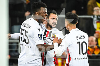 2023-02-01 - Gaetan LABORDE of Nice celebrate his goal with Youssuf NDAYISHIMIYE of Nice and Sofiane DIOP of Nice during the French championship Ligue 1 football match between RC Lens and OGC Nice on February 1, 2023 at Bollaert-Delelis stadium in Lens, France - FOOTBALL - FRENCH CHAMP - LENS V NICE - FRENCH LIGUE 1 - SOCCER