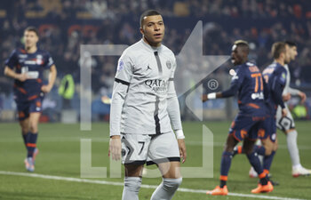 2023-02-01 - Kylian Mbappe of PSG reacts after missing his penalty during the French championship Ligue 1 football match between Montpellier HSC and Paris Saint-Germain on February 1, 2023 at La Mosson-Mondial 98 stadium in Montpellier, France - FOOTBALL - FRENCH CHAMP - MONTPELLIER V PARIS SG - FRENCH LIGUE 1 - SOCCER