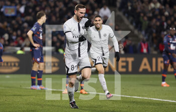 2023-02-01 - Fabian Ruiz Pena of PSG celebrates his goal with Achraf Hakimi during the French championship Ligue 1 football match between Montpellier HSC and Paris Saint-Germain on February 1, 2023 at La Mosson-Mondial 98 stadium in Montpellier, France - FOOTBALL - FRENCH CHAMP - MONTPELLIER V PARIS SG - FRENCH LIGUE 1 - SOCCER