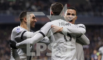 2023-02-01 - Fabian Ruiz Pena of PSG celebrates his goal with Achraf Hakimi, Hugo Ekitike during the French championship Ligue 1 football match between Montpellier HSC and Paris Saint-Germain on February 1, 2023 at La Mosson-Mondial 98 stadium in Montpellier, France - FOOTBALL - FRENCH CHAMP - MONTPELLIER V PARIS SG - FRENCH LIGUE 1 - SOCCER