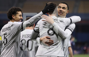 2023-02-01 - Fabian Ruiz Pena of PSG celebrates his goal with Marquinhos, Hugo Ekitike during the French championship Ligue 1 football match between Montpellier HSC and Paris Saint-Germain on February 1, 2023 at La Mosson-Mondial 98 stadium in Montpellier, France - FOOTBALL - FRENCH CHAMP - MONTPELLIER V PARIS SG - FRENCH LIGUE 1 - SOCCER