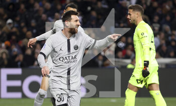 2023-02-01 - Lionel Messi of PSG celebrates his goal during the French championship Ligue 1 football match between Montpellier HSC and Paris Saint-Germain on February 1, 2023 at La Mosson-Mondial 98 stadium in Montpellier, France - FOOTBALL - FRENCH CHAMP - MONTPELLIER V PARIS SG - FRENCH LIGUE 1 - SOCCER