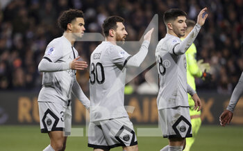 2023-02-01 - Lionel Messi of PSG celebrates his goal between Warren Zaire-Emery, Carlos Soler of PSG during the French championship Ligue 1 football match between Montpellier HSC and Paris Saint-Germain on February 1, 2023 at La Mosson-Mondial 98 stadium in Montpellier, France - FOOTBALL - FRENCH CHAMP - MONTPELLIER V PARIS SG - FRENCH LIGUE 1 - SOCCER