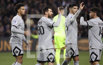 2023-02-02 - Lionel Messi of PSG celebrates his goal with Warren Zaire-Emery, Carlos Soler, Juan Bernat of PSG during the French championship Ligue 1 football match between Montpellier HSC and Paris Saint-Germain on February 1, 2023 at La Mosson-Mondial 98 stadium in Montpellier, France - FOOTBALL - FRENCH CHAMP - MONTPELLIER V PARIS SG - FRENCH LIGUE 1 - SOCCER
