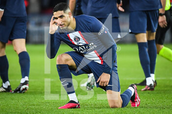 2023-02-04 - Achraf HAKIMI of PSG celebrates his goal during the French championship Ligue 1 football match between Paris Saint-Germain and Toulouse FC on February 4, 2023 at Parc des Princes stadium in Paris, France - FOOTBALL - FRENCH CHAMP - PARIS SG V TOULOUSE - FRENCH LIGUE 1 - SOCCER