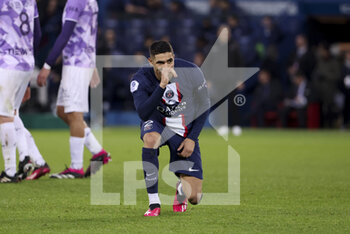 2023-02-04 - Achraf Hakimi of PSG celebrates his goal during the French championship Ligue 1 football match between Paris Saint-Germain (PSG) and Toulouse FC (TFC, Tefece) on February 4, 2023 at Parc des Princes stadium in Paris, France - FOOTBALL - FRENCH CHAMP - PARIS SG V TOULOUSE - FRENCH LIGUE 1 - SOCCER