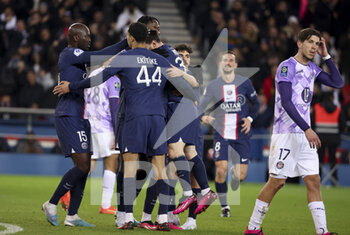 2023-02-04 - Lionel Messi of PSG celebrates his goal with teammates during the French championship Ligue 1 football match between Paris Saint-Germain (PSG) and Toulouse FC (TFC, Tefece) on February 4, 2023 at Parc des Princes stadium in Paris, France - FOOTBALL - FRENCH CHAMP - PARIS SG V TOULOUSE - FRENCH LIGUE 1 - SOCCER