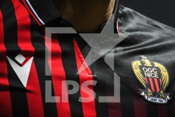 2023-02-10 - Illustration of the OGC Nice jersey with the official logo during the French championship Ligue 1 football match between OGC Nice and AC Ajaccio on February 10, 2023 at Allianz Riviera stadium in Nice, France - FOOTBALL - FRENCH CHAMP - NICE V AJACCIO - FRENCH LIGUE 1 - SOCCER