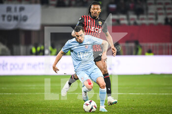 2023-02-10 - Michael BARRETO of Ajaccio and Khephren THURAM of Nice during the French championship Ligue 1 football match between OGC Nice and AC Ajaccio on February 10, 2023 at Allianz Riviera stadium in Nice, France - FOOTBALL - FRENCH CHAMP - NICE V AJACCIO - FRENCH LIGUE 1 - SOCCER
