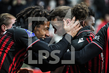 2023-02-10 - Billal BRAHIMI of Nice celebrate his goal with Jean-Clair TOBIDO of Nice during the French championship Ligue 1 football match between OGC Nice and AC Ajaccio on February 10, 2023 at Allianz Riviera stadium in Nice, France - FOOTBALL - FRENCH CHAMP - NICE V AJACCIO - FRENCH LIGUE 1 - SOCCER