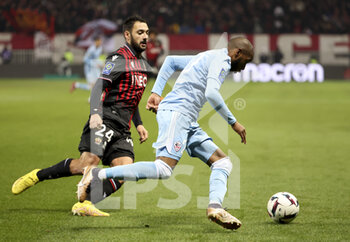 2023-02-10 - Mohamed Youssouf of Ajaccio, Gaetan Laborde of Nice (left) during the French championship Ligue 1 football match between OGC Nice (OGCN) and AC Ajaccio (ACA) on February 10, 2023 at Allianz Riviera stadium in Nice, France - FOOTBALL - FRENCH CHAMP - NICE V AJACCIO - FRENCH LIGUE 1 - SOCCER