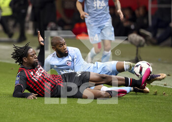 2023-02-10 - Jordan Lotomba of Nice, Mohamed Youssouf of Ajaccio during the French championship Ligue 1 football match between OGC Nice (OGCN) and AC Ajaccio (ACA) on February 10, 2023 at Allianz Riviera stadium in Nice, France - FOOTBALL - FRENCH CHAMP - NICE V AJACCIO - FRENCH LIGUE 1 - SOCCER