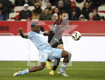 2023-02-10 - Oumar Gonzalez of Ajaccio, Gaetan Laborde of Nice during the French championship Ligue 1 football match between OGC Nice (OGCN) and AC Ajaccio (ACA) on February 10, 2023 at Allianz Riviera stadium in Nice, France - FOOTBALL - FRENCH CHAMP - NICE V AJACCIO - FRENCH LIGUE 1 - SOCCER