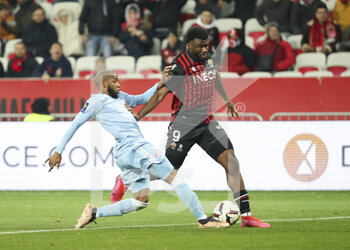 2023-02-10 - Terem Moffi of Nice, Mohamed Youssouf of Ajaccio (left) during the French championship Ligue 1 football match between OGC Nice (OGCN) and AC Ajaccio (ACA) on February 10, 2023 at Allianz Riviera stadium in Nice, France - FOOTBALL - FRENCH CHAMP - NICE V AJACCIO - FRENCH LIGUE 1 - SOCCER