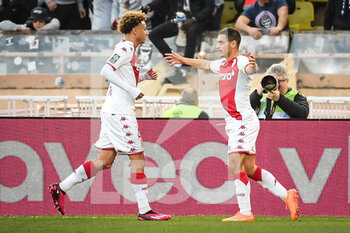 2023-02-11 - Wissam BEN YEDDER of Monaco celebrate his goal with Eliesse BEN SEGHIR of Monaco during the French championship Ligue 1 football match between AS Monaco and Paris Saint-Germain on February 11, 2023 at Louis II stadium in Monaco - FOOTBALL - FRENCH CHAMP - MONACO V PARIS SG - FRENCH LIGUE 1 - SOCCER