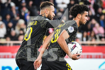 2023-02-11 - Warren ZAIRE-EMERY of PSG celebrate his goal with NEYMAR JR of PSG during the French championship Ligue 1 football match between AS Monaco and Paris Saint-Germain on February 11, 2023 at Louis II stadium in Monaco - FOOTBALL - FRENCH CHAMP - MONACO V PARIS SG - FRENCH LIGUE 1 - SOCCER
