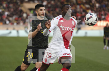 2023-02-11 - Youssouf Fofana of Monaco, Carlos Soler of PSG (left) during the French championship Ligue 1 football match between AS Monaco (ASM) and Paris Saint-Germain (PSG) on February 11, 2023 at Stade Louis II in Monaco - FOOTBALL - FRENCH CHAMP - MONACO V PARIS SG - FRENCH LIGUE 1 - SOCCER