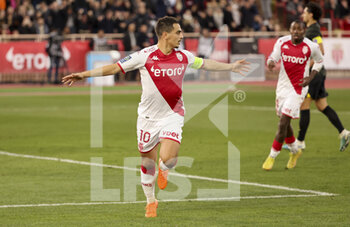 2023-02-11 - Wissam Ben Yedder of Monaco celebrates his second goal during the French championship Ligue 1 football match between AS Monaco (ASM) and Paris Saint-Germain (PSG) on February 11, 2023 at Stade Louis II in Monaco - FOOTBALL - FRENCH CHAMP - MONACO V PARIS SG - FRENCH LIGUE 1 - SOCCER