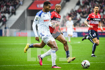 2023-02-12 - Habib DIALLO of Strasbourg and Tiago DJALO of Lille during the French championship Ligue 1 football match between Losc Lille and RC Strasbourg on February 12, 2023 at Pierre Mauroy stadium in Villeneuve-d'Ascq near Lille, France - FOOTBALL - FRENCH CHAMP - LILLE V STRASBOURG - FRENCH LIGUE 1 - SOCCER