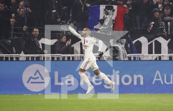 2023-02-12 - Alexandre Lacazette of Lyon celebrates his goal during the French championship Ligue 1 football match between Olympique Lyonnais (OL) and RC Lens (RCL) on February 12, 2023 at Groupama stadium in Decines-Charpieu near Lyon, France - FOOTBALL - FRENCH CHAMP - LYON V LENS - FRENCH LIGUE 1 - SOCCER
