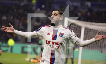 2023-02-12 - Rayan Cherki of Lyon celebrates his goal during the French championship Ligue 1 football match between Olympique Lyonnais (OL) and RC Lens (RCL) on February 12, 2023 at Groupama stadium in Decines-Charpieu near Lyon, France - FOOTBALL - FRENCH CHAMP - LYON V LENS - FRENCH LIGUE 1 - SOCCER