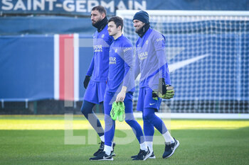 2023-02-13 - Alexandre LETELLIER of PSG, Gianluigi DONNARUMMA of PSG and Lucas LAVALLEE of PSG during the training of the Paris Saint-Germain team on February 13, 2023 at Camp des Loges in Saint-Germain-en-Laye near Paris, France - FOOTBALL - PARIS SG TRAINING AND PRESS CONFERENCE - FRENCH LIGUE 1 - SOCCER