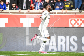 2023-02-19 - Jonathan BAMBA of Lille celebrates his goal during the French championship Ligue 1 football match between Paris Saint-Germain and LOSC Lille on February 19, 2023 at Parc des Princes stadium in Paris, France - FOOTBALL - FRENCH CHAMP - PARIS SG V LILLE - FRENCH LIGUE 1 - SOCCER