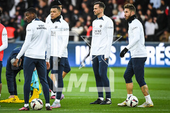 2023-02-24 - Nuno MENDES of PSG, Kylian MBAPPE of PSG, Fabian RUIZ of PSG and Sergio RAMOS of PSG during the training of the Paris Saint-Germain team on February 24, 2023 at Parc des Princes stadium in Paris, France - FOOTBALL - TRAINING OF THE PARIS SG TEAM - FRENCH LIGUE 1 - SOCCER