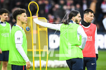 2023-02-24 - Ismael GHARBI of PSG, Ilyes HOUSNI of PSG and Lionel (Leo) MESSI of PSG during the training of the Paris Saint-Germain team on February 24, 2023 at Parc des Princes stadium in Paris, France - FOOTBALL - TRAINING OF THE PARIS SG TEAM - FRENCH LIGUE 1 - SOCCER