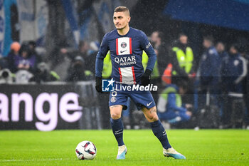 2023-02-26 - Marco VERRATTI of PSG during the French championship Ligue 1 football match between Olympique de Marseille and Paris Saint-Germain on February 26, 2023 at Velodrome stadium in Marseille, France - FOOTBALL - FRENCH CHAMP - MARSEILLE V PARIS SG - FRENCH LIGUE 1 - SOCCER