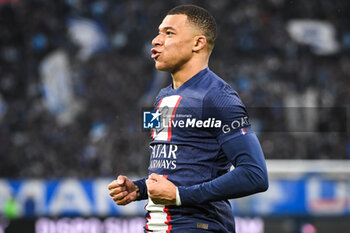 2023-02-26 - Kylian MBAPPE of PSG celebrates his goal during the French championship Ligue 1 football match between Olympique de Marseille and Paris Saint-Germain on February 26, 2023 at Velodrome stadium in Marseille, France - FOOTBALL - FRENCH CHAMP - MARSEILLE V PARIS SG - FRENCH LIGUE 1 - SOCCER