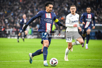 2023-02-26 - MARQUINHOS of PSG and Valentin RONGIER of Marseille during the French championship Ligue 1 football match between Olympique de Marseille and Paris Saint-Germain on February 26, 2023 at Velodrome stadium in Marseille, France - FOOTBALL - FRENCH CHAMP - MARSEILLE V PARIS SG - FRENCH LIGUE 1 - SOCCER