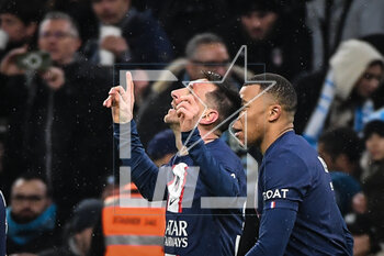 2023-02-26 - Lionel (Leo) MESSI of PSG celebrates his goal during the French championship Ligue 1 football match between Olympique de Marseille and Paris Saint-Germain on February 26, 2023 at Velodrome stadium in Marseille, France - FOOTBALL - FRENCH CHAMP - MARSEILLE V PARIS SG - FRENCH LIGUE 1 - SOCCER