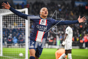 2023-02-26 - Kylian MBAPPE of PSG celebrates his goal during the French championship Ligue 1 football match between Olympique de Marseille and Paris Saint-Germain on February 26, 2023 at Velodrome stadium in Marseille, France - FOOTBALL - FRENCH CHAMP - MARSEILLE V PARIS SG - FRENCH LIGUE 1 - SOCCER