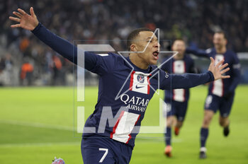 2023-02-26 - Kylian Mbappe of PSG celebrates his second goal during the French championship Ligue 1 football match between Olympique de Marseille (OM) and Paris Saint-Germain (PSG) on February 26, 2023 at Stade Velodrome in Marseille, France - FOOTBALL - FRENCH CHAMP - MARSEILLE V PARIS SG - FRENCH LIGUE 1 - SOCCER