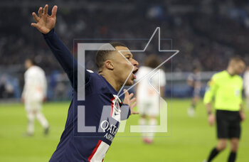 2023-02-26 - Kylian Mbappe of PSG celebrates his second goal during the French championship Ligue 1 football match between Olympique de Marseille (OM) and Paris Saint-Germain (PSG) on February 26, 2023 at Stade Velodrome in Marseille, France - FOOTBALL - FRENCH CHAMP - MARSEILLE V PARIS SG - FRENCH LIGUE 1 - SOCCER